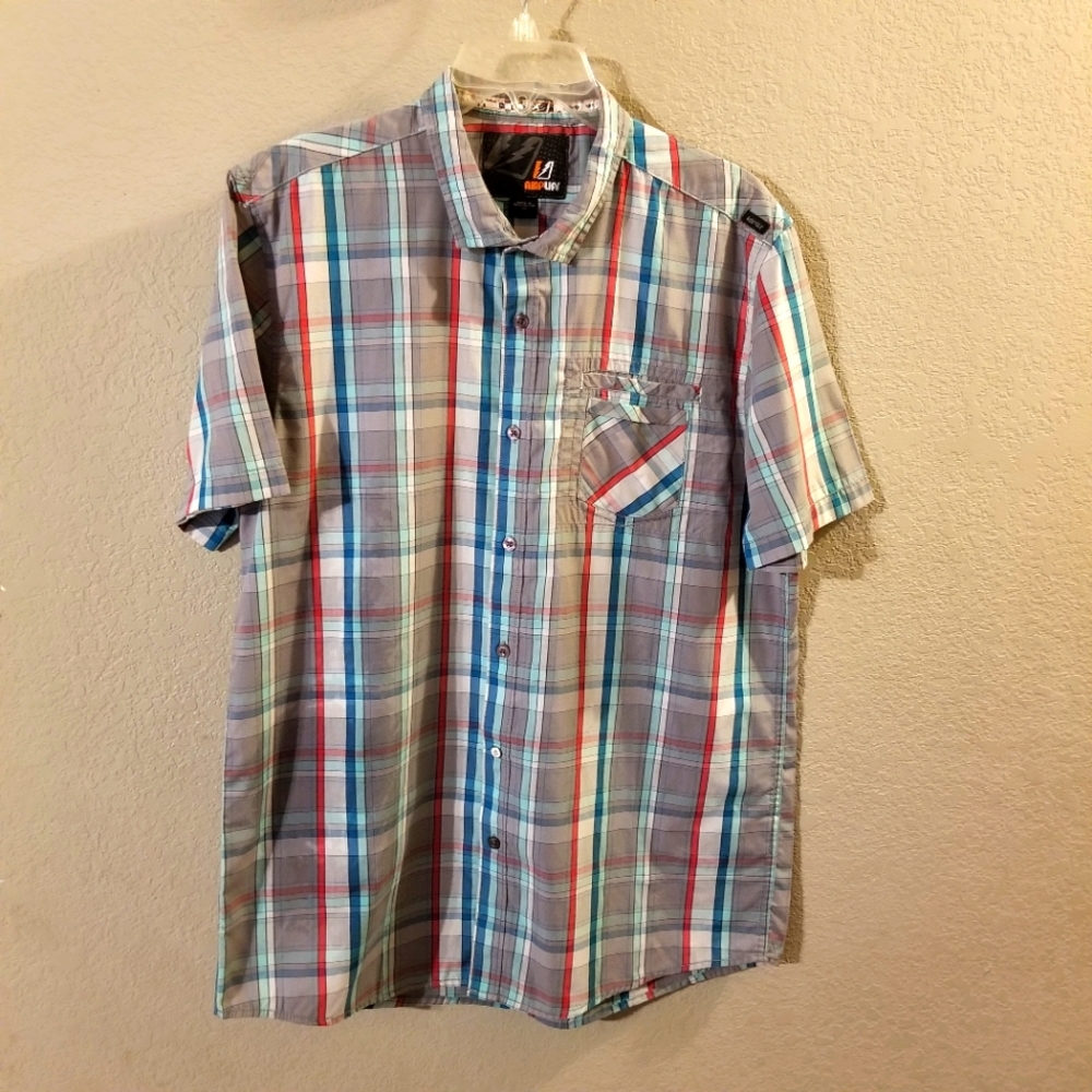 Amplify Mens Gray/Blue/Red Short Sleeve Collared‎ Button Up Shirt Size Large